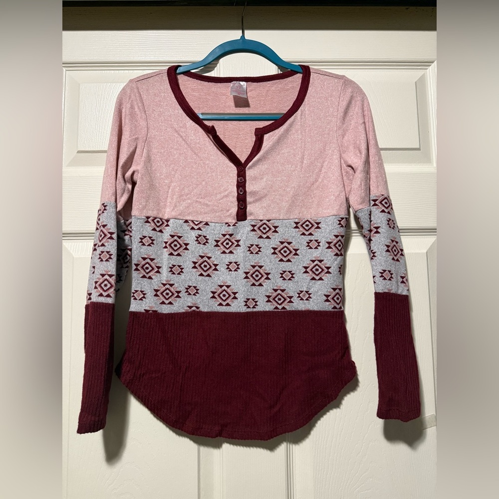 No Boundaries Pink and Burgundy Henley Top